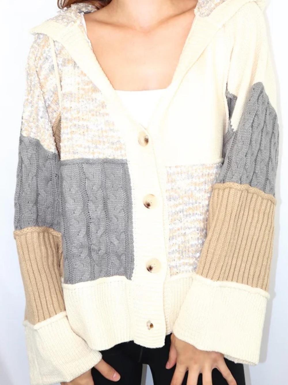 POL Patchwork Hooded Cardigan in Cream, Gray & Tan - Picture 2 of 7